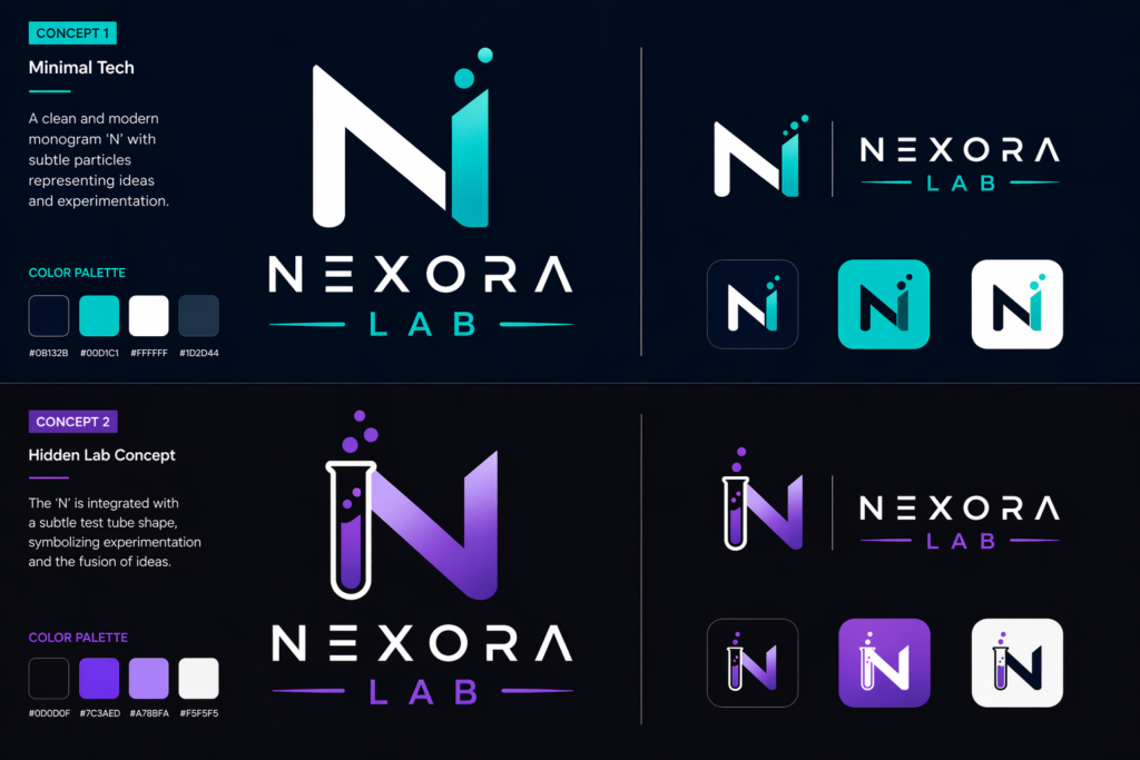 image showing colored logo proposal for a graphic design agency. the logos include 2 variations with their respective color palette