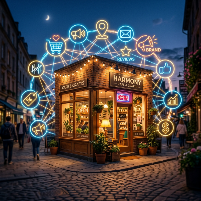 Small cafe at night with glowing digital marketing icons around it