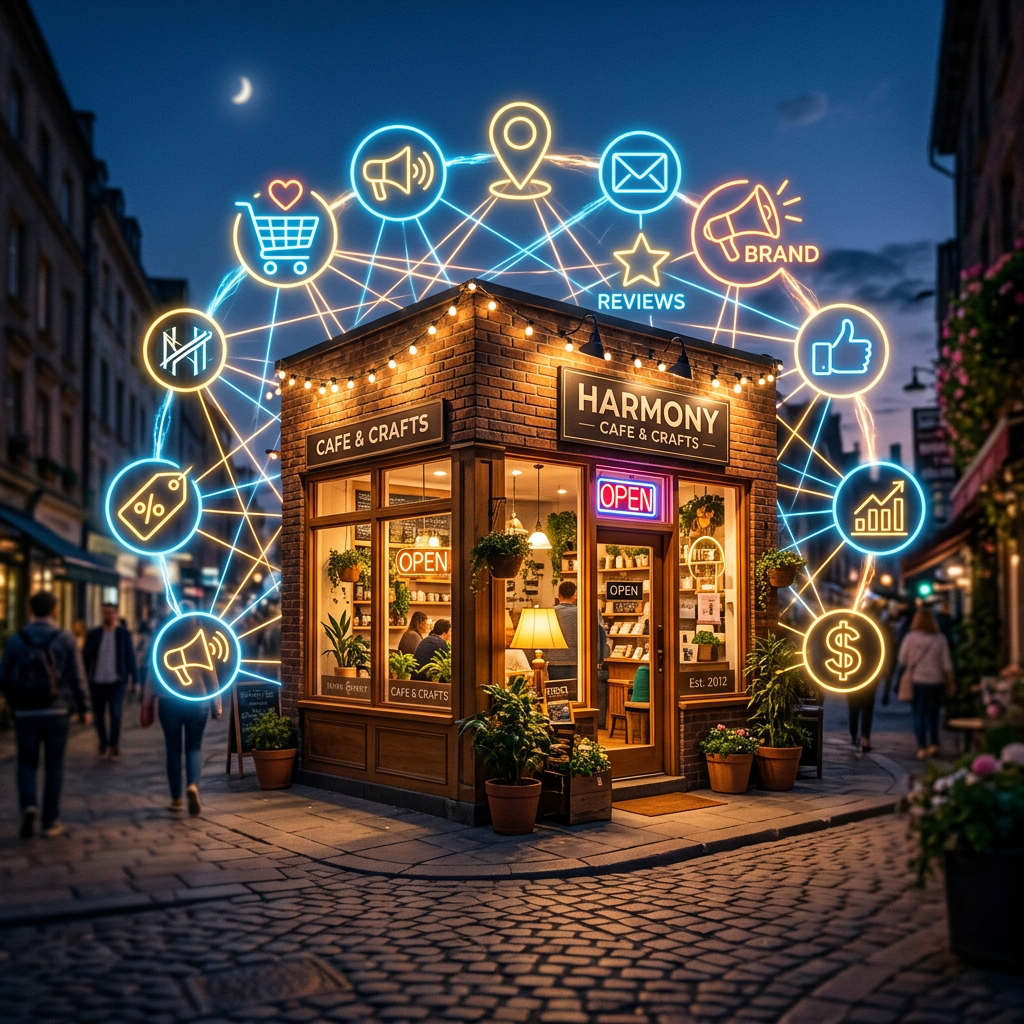 Small cafe at night with glowing digital marketing icons around it