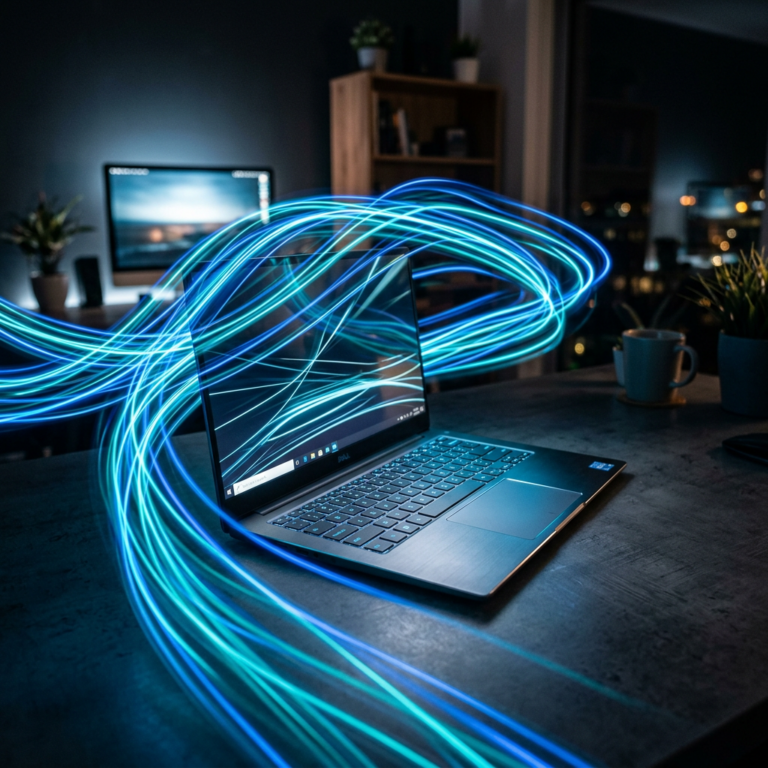 Laptop with glowing blue light trails representing data flow