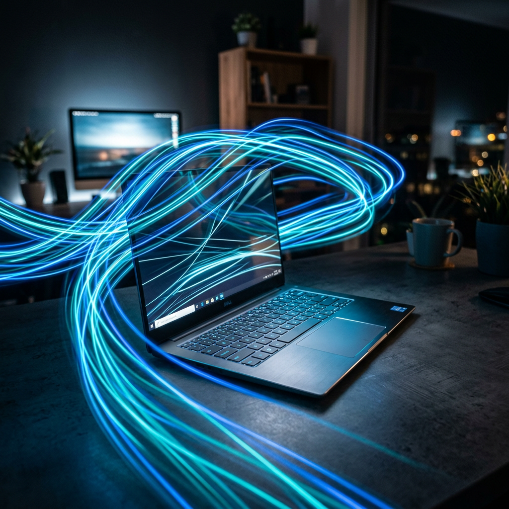 Laptop with glowing blue light trails representing data flow