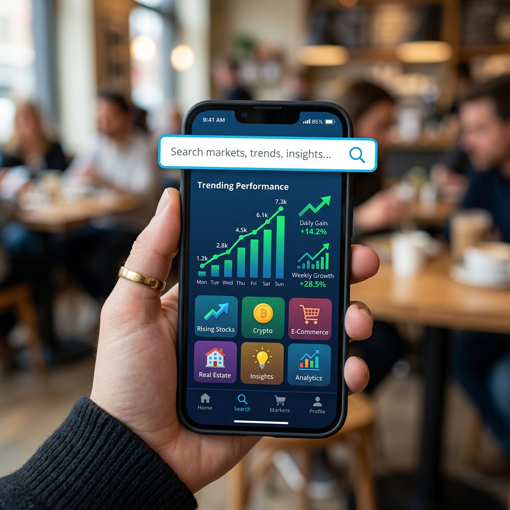 Smartphone screen displaying trending performance charts, market categories, and search bar