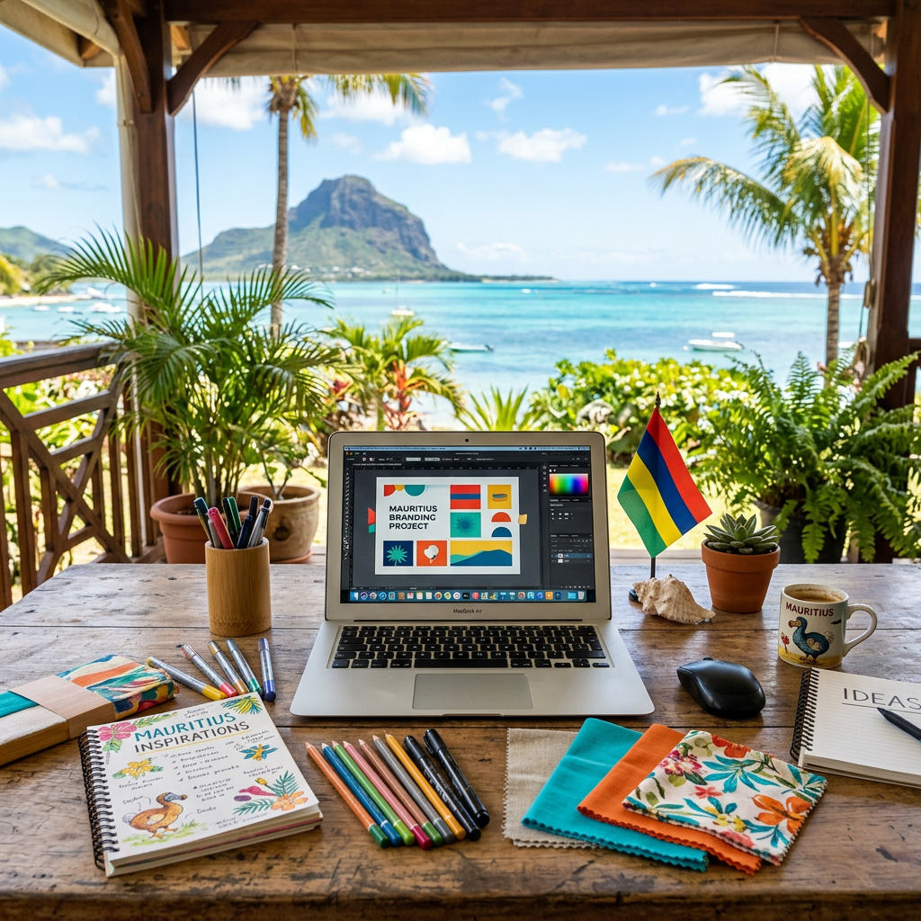 Laptop showing Mauritius branding project surrounded by art supplies and a Mauritius flag on a wooden table overlooking tropical sea