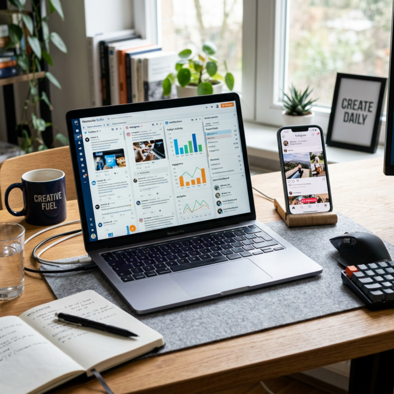 Laptop and smartphone showing social media management and Instagram apps on desk