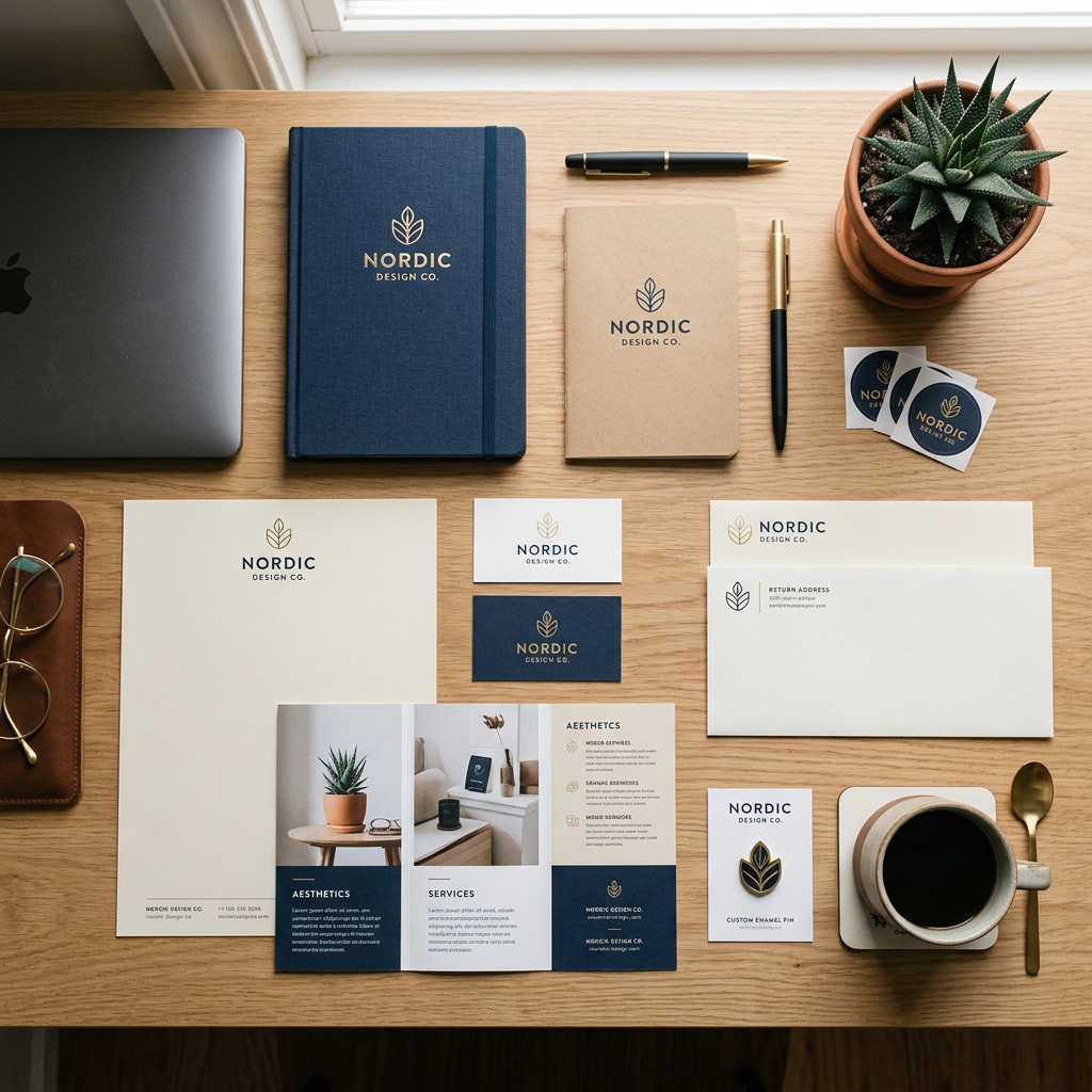 Nordic Design Co. branded stationery including notebooks, business cards, envelopes, brochure, pens, and a coffee cup on a wooden desk